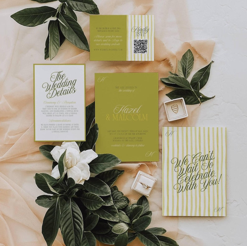 Chartreuse and olive green striped Island Citrus wedding invitation suite styled shot