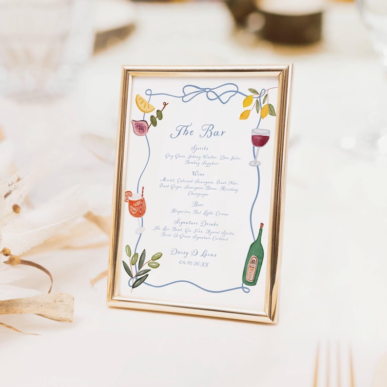 Dusty blue watercolor Italian bar menu sign with hand-drawn drink and fruit illustrations