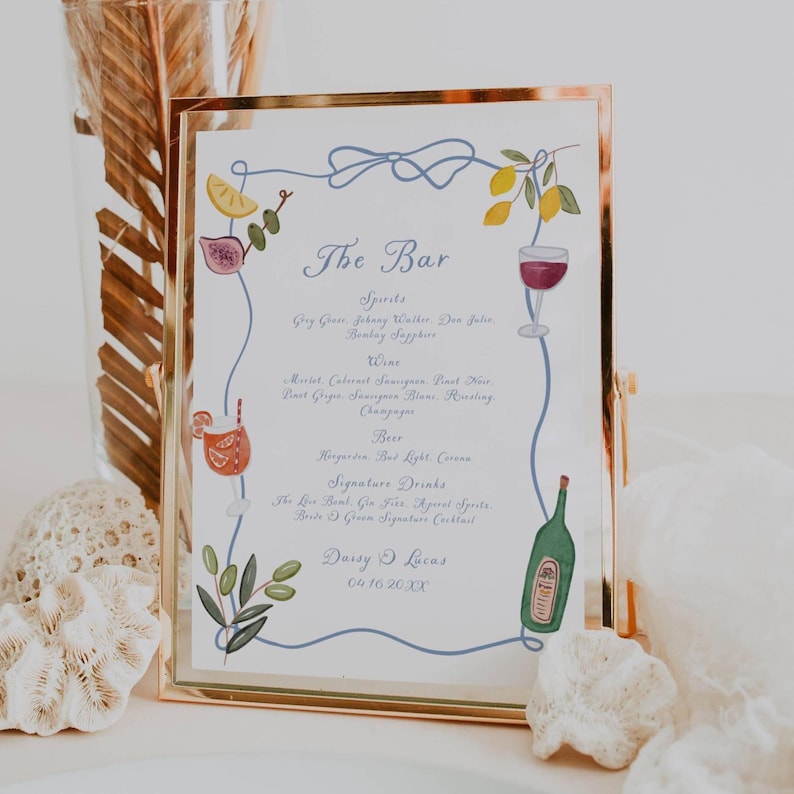 Rustic wooden welcome sign styled alongside the dusty blue bar menu collection