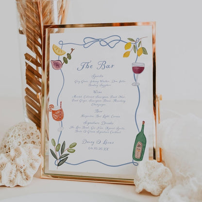 Rustic wooden welcome sign styled alongside the dusty blue bar menu collection
