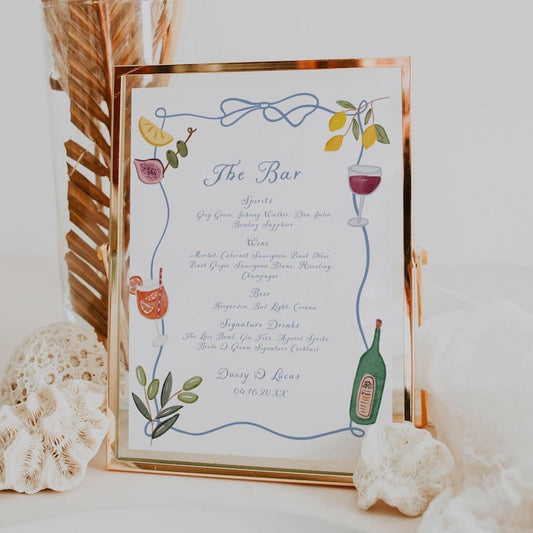 Rustic wooden welcome sign styled alongside the dusty blue bar menu collection