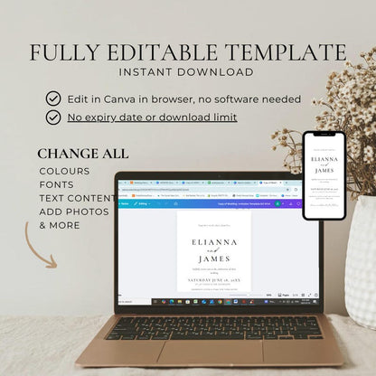 Laptop and smartphone showing the editable template being customized in Canva