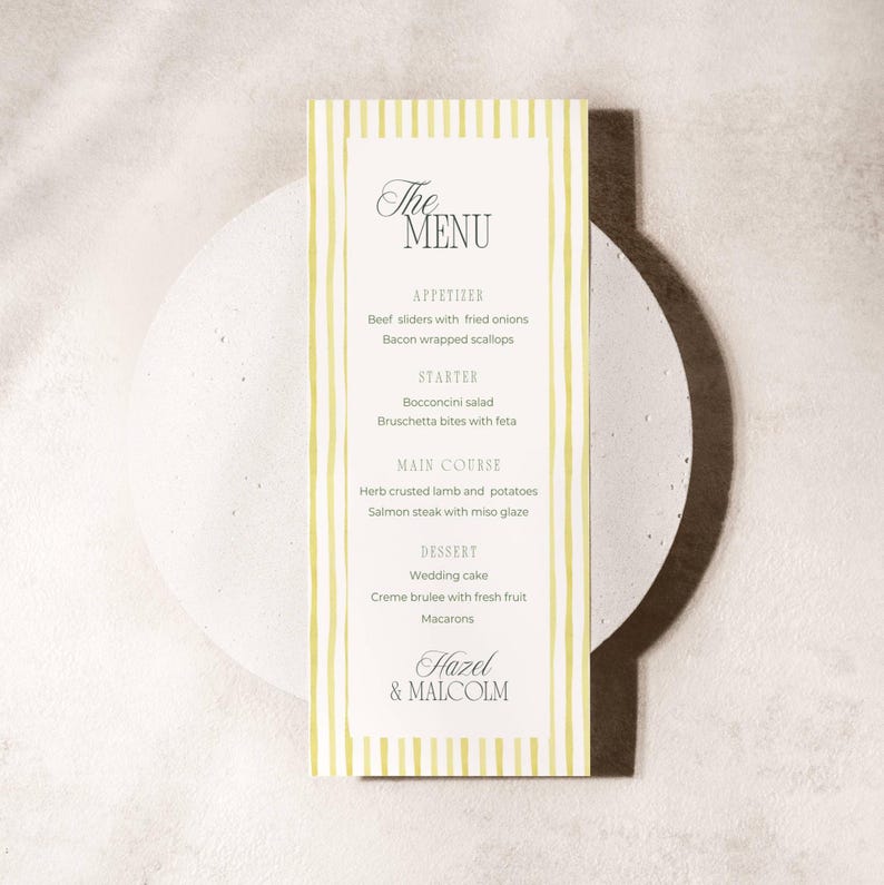 Island Citrus wedding menu template with sample names