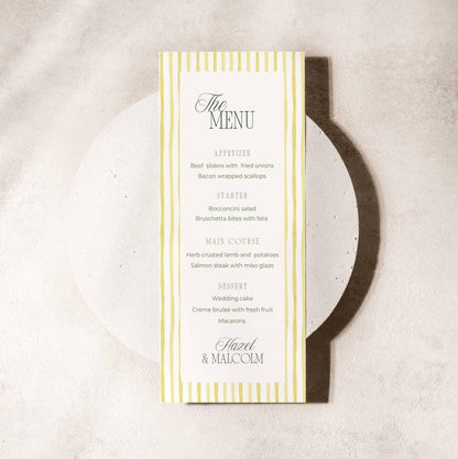 Island Citrus wedding menu template with sample names