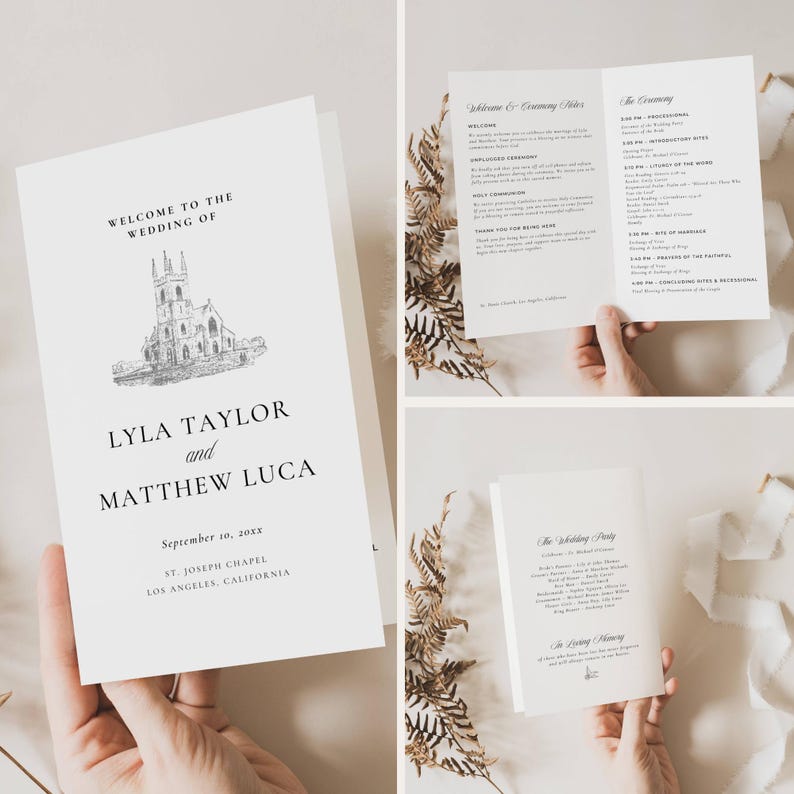 Old Money wedding program set with the couple's names on the cover