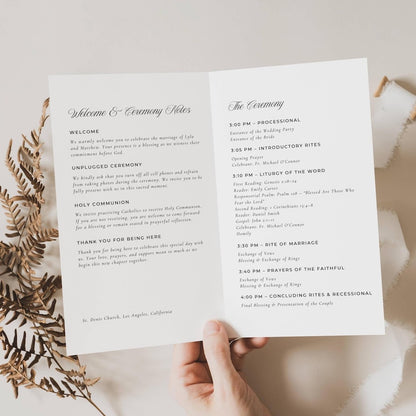 Wedding program inside spread with order of Mass, readings, and prayers in elegant calligraphy