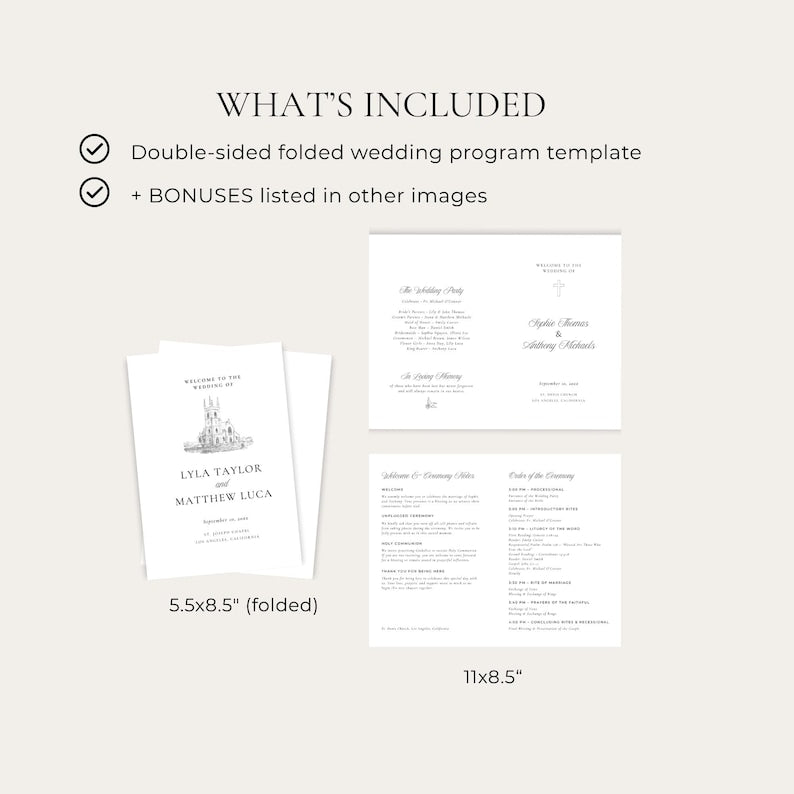 Folded wedding program template shown open with dimensions