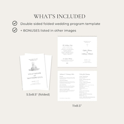 Folded wedding program template shown open with dimensions