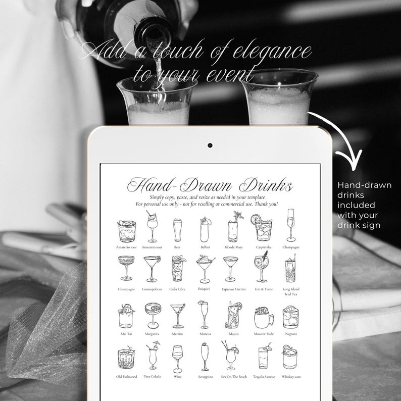 Black and white hand-drawn cocktail illustrations close-up on the drinks menu
