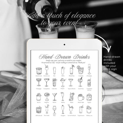 Black and white hand-drawn cocktail illustrations close-up on the drinks menu