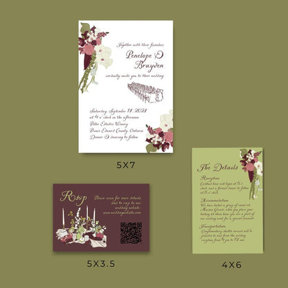Burgundy floral wedding invitation suite with card size dimensions