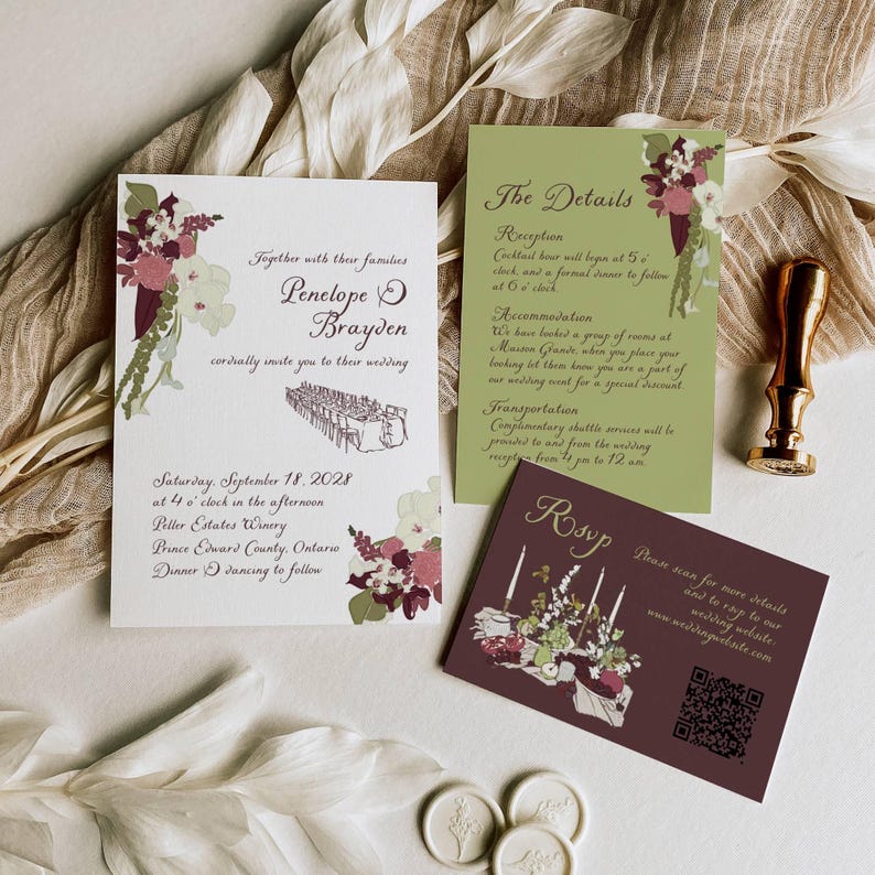 Burgundy floral 3-piece wedding invitation suite with gold wax seal and RSVP card