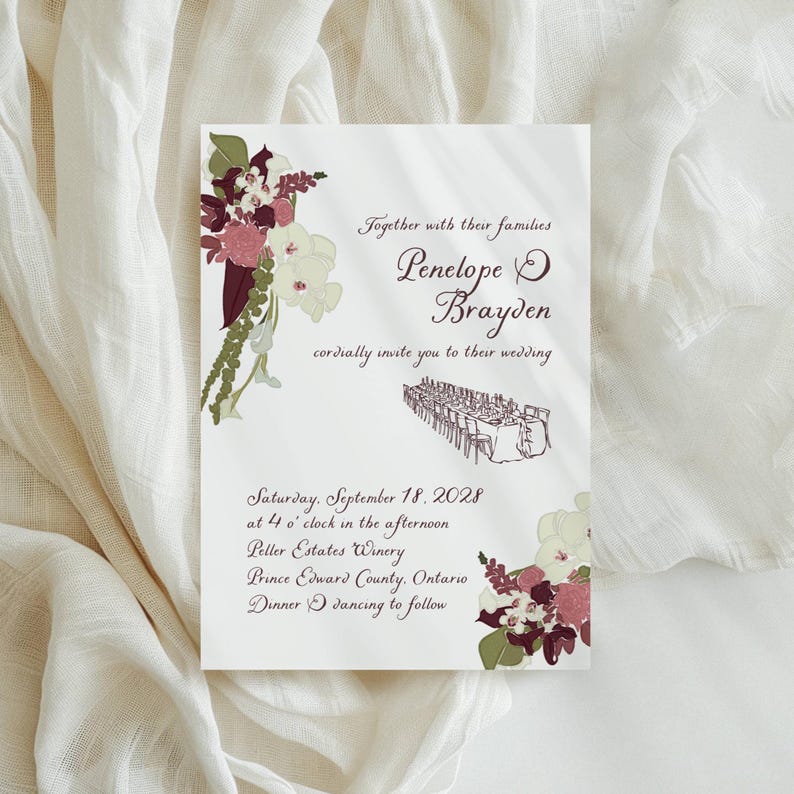 Burgundy floral wedding invitation with sample couple names and venue