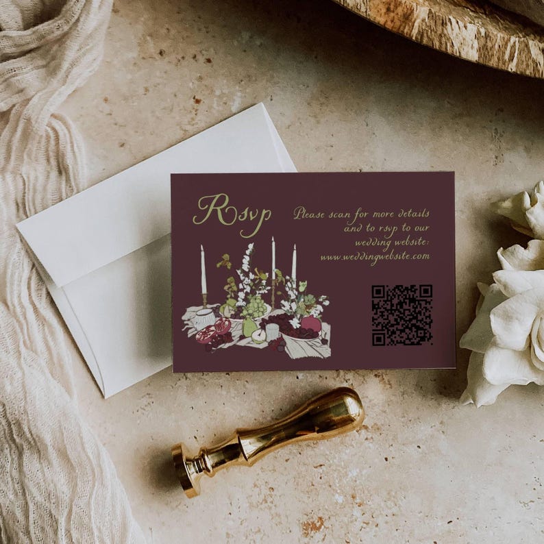 Burgundy wedding RSVP card with gold script and QR code