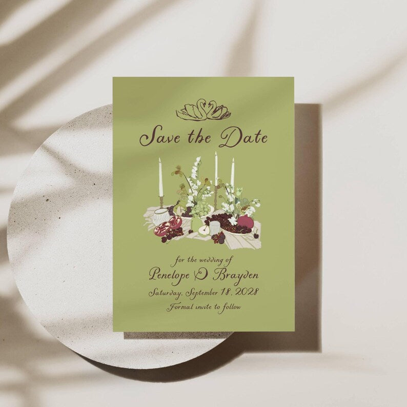 Sage green Save the Date with swan illustration and sample wedding date