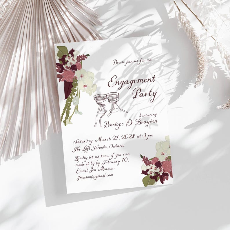 Plum floral engagement invitation showing date, time, location, and RSVP details