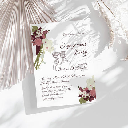 Plum floral engagement invitation showing date, time, location, and RSVP details