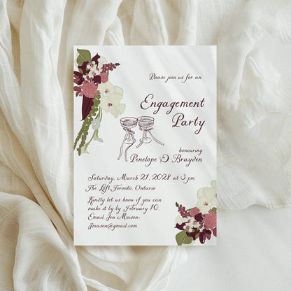 Plum floral engagement invitation on white card with couple's names and event details