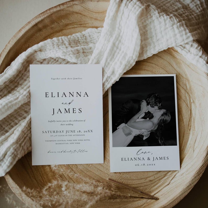 Modern black and white photo wedding invitation and photo card - Elianna