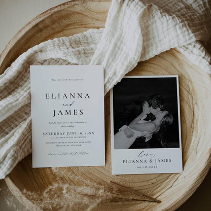 Modern black and white photo wedding invitation and photo card - Elianna
