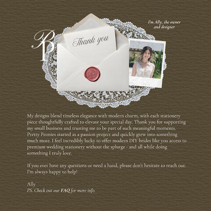 Thank you note from Pretty Peonies Shop with red wax seal envelope