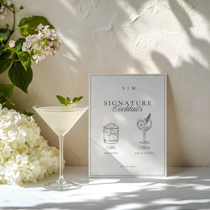 Signature cocktails sign styled with a martini glass, mint garnish, and white flowers