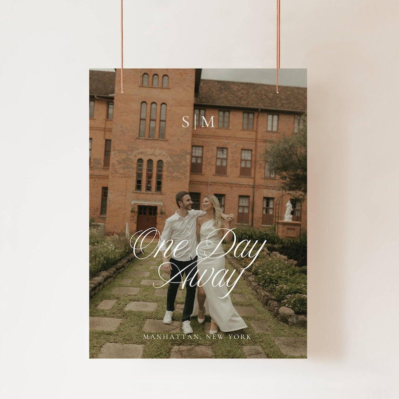 Rehearsal welcome sign styled with a photo of the couple walking in Manhattan New York