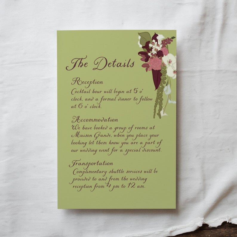 Olive green wedding details card with hand-drawn floral illustration