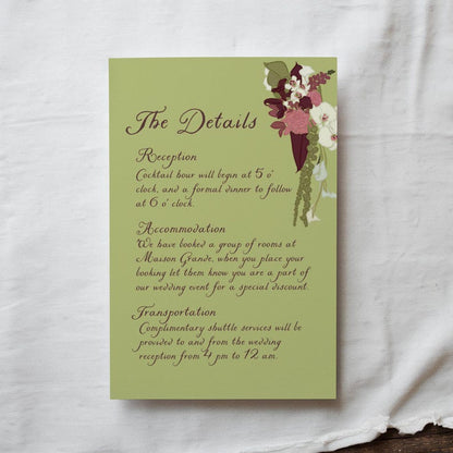 Olive green wedding details card with hand-drawn floral illustration