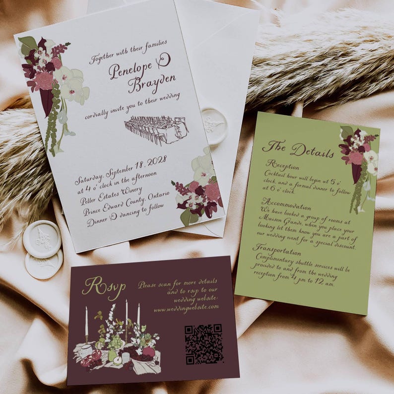 Burgundy olive wedding invitation suite styled on a satin fabric background