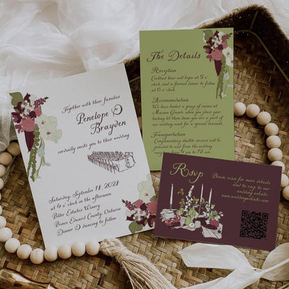 Burgundy floral wedding invitation showing date, time, and venue details
