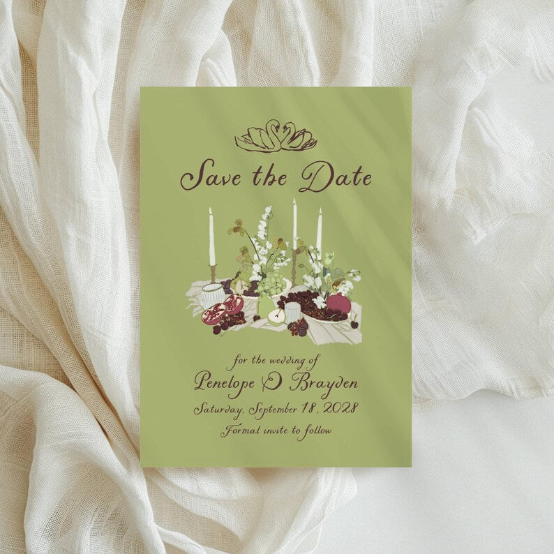 Sage green Save the Date with candlelit table setting illustration, florals, and fruit
