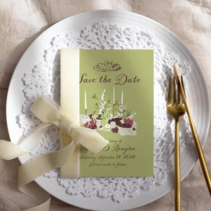 Sage green Save the Date card with cream ribbon and hand-drawn table setting illustration