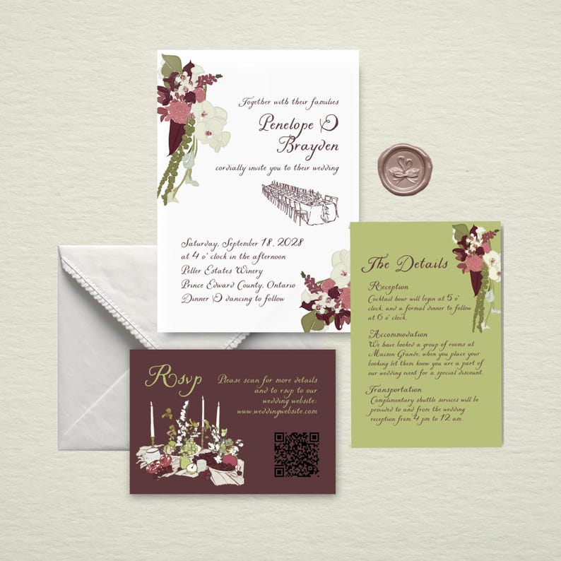 Burgundy floral wedding invitation suite with gold wax seal and envelope