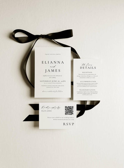 Modern wedding invitation suite with black ribbon - Elianna