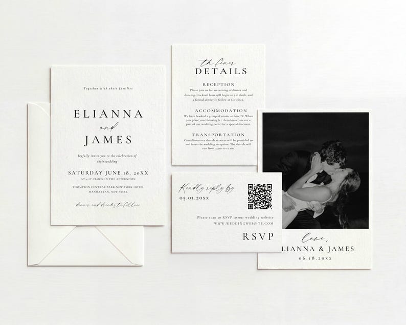 Modern black and white photo wedding invitation suite - Elianna