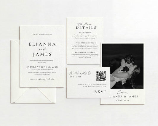 Modern black and white photo wedding invitation suite - Elianna