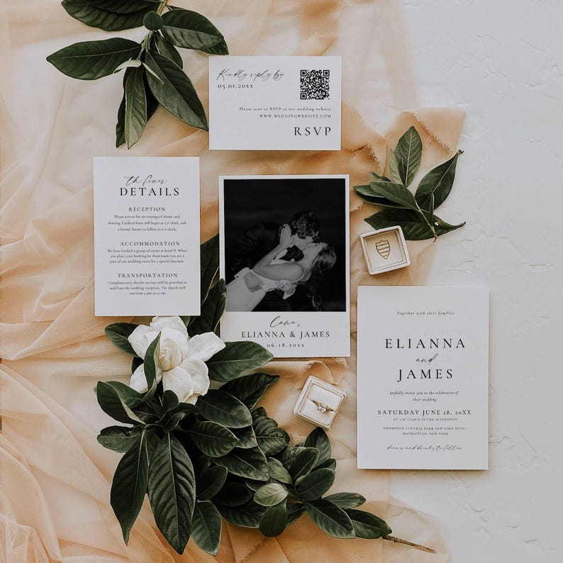 Modern black and white photo wedding invitation suite - Elianna