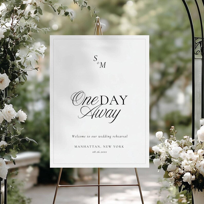 Black and white Old Money rehearsal welcome sign displayed on a gold metal easel