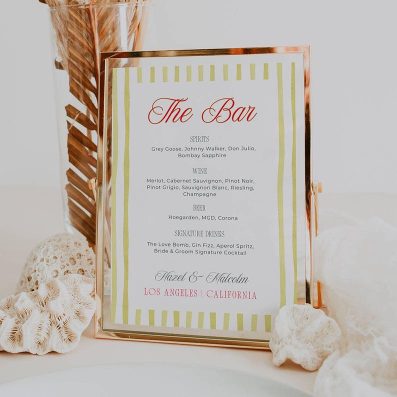 Island Citrus bar menu sign in gold frame listing spirits wine beer signature drinks