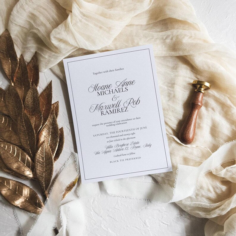 Black and white wedding invitation card with Villa Borghese Estate Rome Italy details and wax seal
