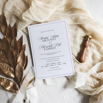 Black and white wedding invitation card with Villa Borghese Estate Rome Italy details and wax seal