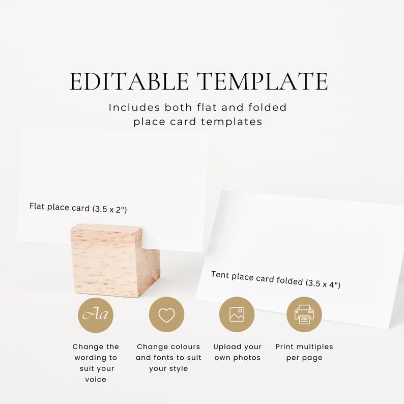 Editable template graphic showing the flat place card (3.5x2") and tent fold place card (3.5x2", 3.5x4" flat) with customization icons