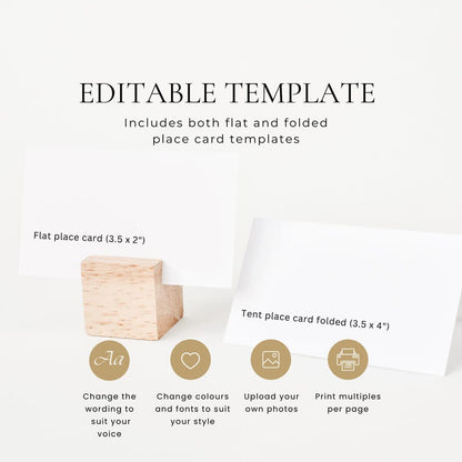 Editable template graphic showing the flat place card (3.5x2") and tent fold place card (3.5x2", 3.5x4" flat) with customization icons