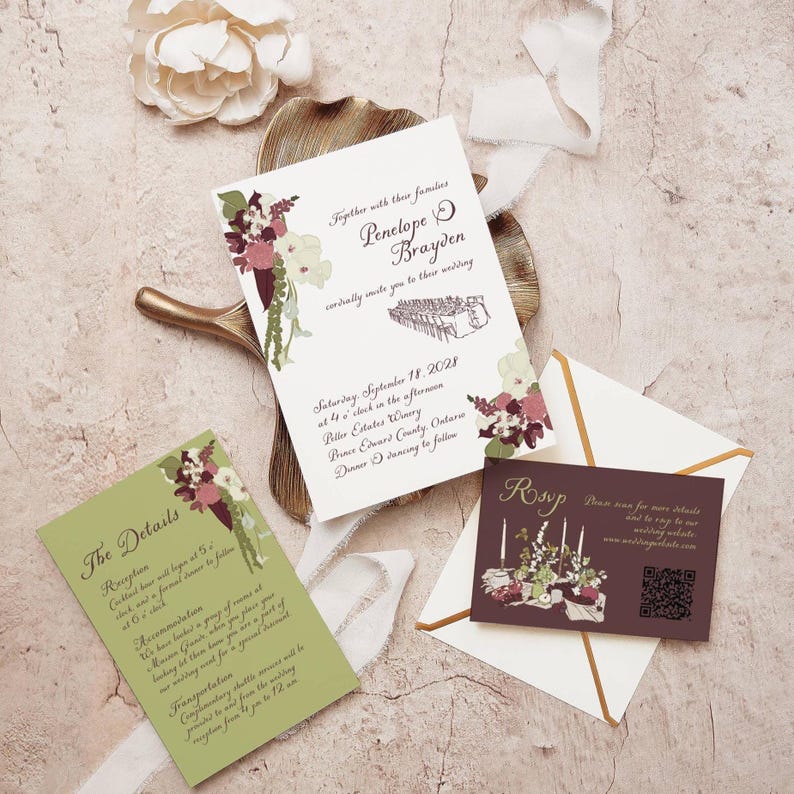 Burgundy floral wedding invitation, RSVP card, and details card set with names on the invite