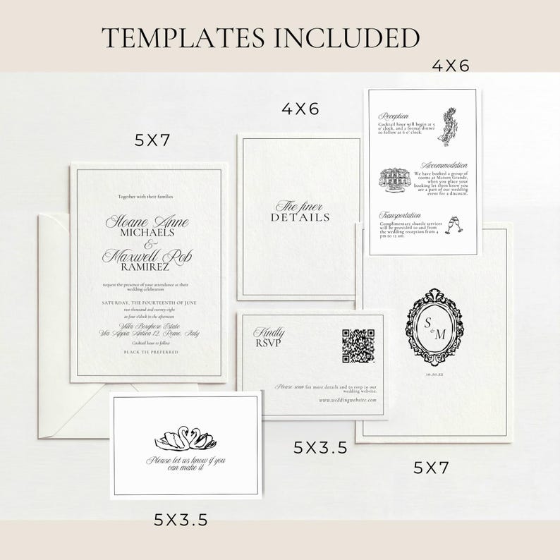Full Old Money wedding invitation suite templates in 5x7 and 4x6 sizes