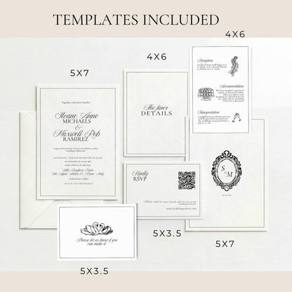 Full Old Money wedding invitation suite templates in 5x7 and 4x6 sizes