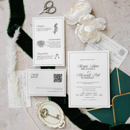 Black and white wedding invitation suite with dark green envelope, RSVP card QR code, and floral styling