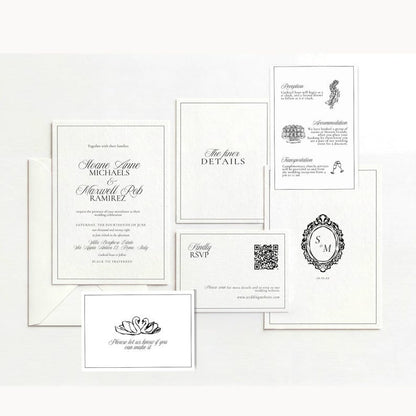 Black and white Old Money wedding invitation suite styled with invitation, RSVP, and details cards