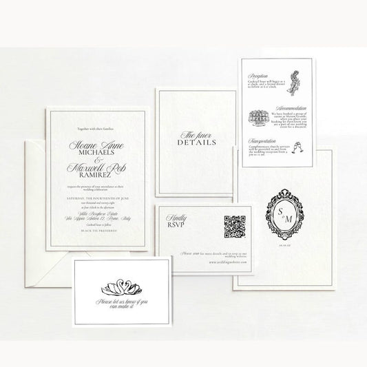 Black and white Old Money wedding invitation suite styled with invitation, RSVP, and details cards